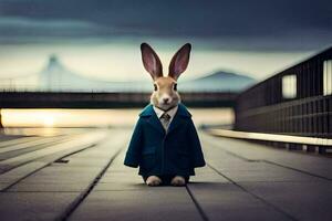 un' coniglio indossare un' completo da uomo e cravatta su un' ponte. ai-generato foto