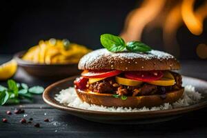 un' hamburger con verdure e spezie su un' piatto. ai-generato foto