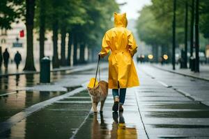 un' donna nel un' giallo impermeabile a piedi sua cane nel il pioggia. ai-generato foto