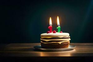 un' compleanno torta con Due candele su superiore. ai-generato foto