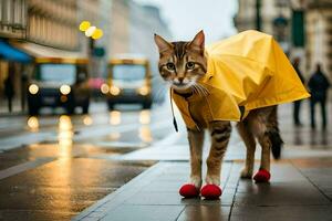un' gatto indossare un' impermeabile e rosso scarpe. ai-generato foto