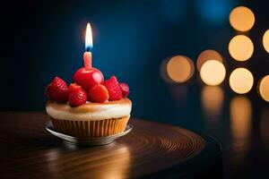 un' Cupcake con un' singolo candela su superiore. ai-generato foto