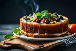 un' torta con formaggio, pomodori e menta su un' piatto. ai-generato foto