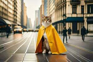 un' gatto indossare un' giallo capo su un' città strada. ai-generato foto
