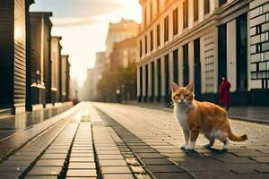 un arancia e bianca gatto è a piedi giù un' strada. ai-generato foto