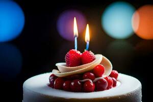 un' compleanno torta con Due candele e frutti di bosco. ai-generato foto