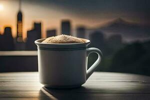 un' tazza di caffè con un' città Visualizza. ai-generato foto