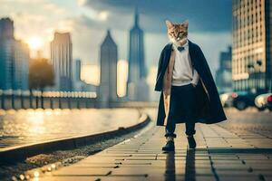 un' gatto nel un' cappotto e cravatta a piedi giù un' città strada. ai-generato foto