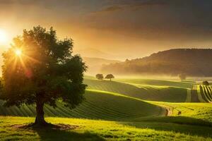 un' albero sta nel il mezzo di un' verde campo. ai-generato foto