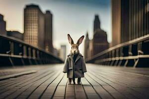un' coniglio indossare un' cappotto e cravatta in piedi su un' ponte. ai-generato foto