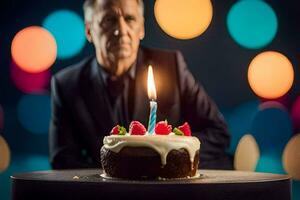 un' uomo nel un' completo da uomo è guardare a un' compleanno torta con un' illuminato candela. ai-generato foto