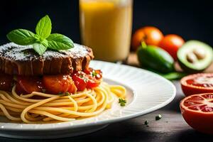 un' piatto di spaghetti con carne e pomodori. ai-generato foto