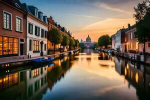 un' canale nel il mezzo di un' città a tramonto. ai-generato foto