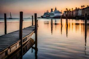 un' barca attraccato nel il acqua a tramonto. ai-generato foto