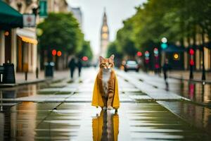 un' gatto nel un' giallo impermeabile a piedi giù un' strada. ai-generato foto