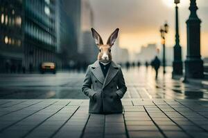 un' coniglio indossare un' completo da uomo e cravatta su un' città strada. ai-generato foto