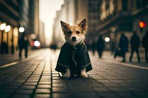 un' cane indossare un' cappotto su un' città strada. ai-generato foto