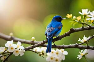 un' blu uccello si siede su un' ramo con bianca fiori. ai-generato foto