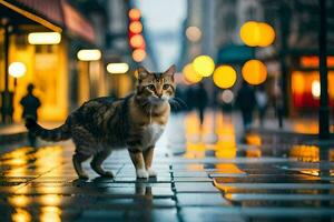 un' gatto a piedi su un' bagnato strada a notte. ai-generato foto