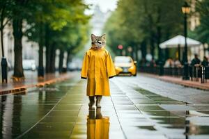 un' gatto nel un' giallo impermeabile a piedi giù un' strada. ai-generato foto