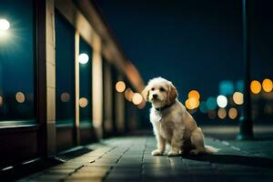 un' cane seduta su il marciapiede a notte. ai-generato foto