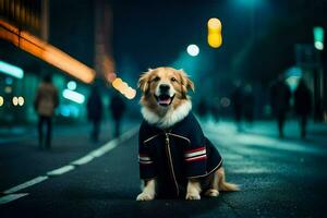 un' cane indossare un' giacca si siede su il strada a notte. ai-generato foto