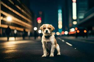 un' cane seduta su il strada a notte. ai-generato foto