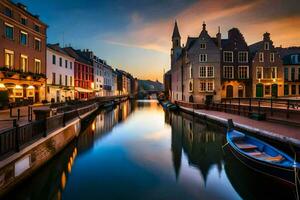 un' canale nel Bruges, Belgio a tramonto. ai-generato foto