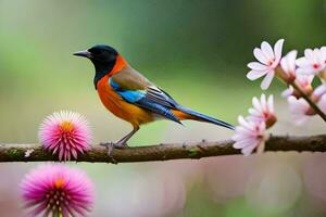 un' colorato uccello si siede su un' ramo con rosa fiori. ai-generato foto