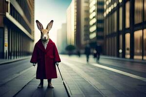 un' coniglio vestito nel un' rosso cappotto e Tenere un' canna. ai-generato foto