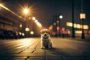 un' cane seduta su il strada a notte. ai-generato foto