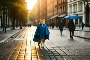 un' gatto nel un' blu mantello a piedi giù un' strada. ai-generato foto