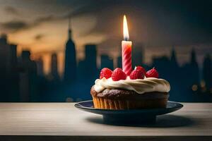 un' compleanno torta con un' singolo candela su superiore. ai-generato foto