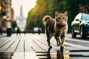 un' gatto a piedi attraverso un' bagnato strada nel davanti di un' macchina. ai-generato foto