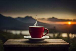 un' tazza di caffè su un' di legno tavolo nel davanti di un' bellissimo tramonto. ai-generato foto