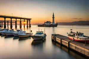 Barche attraccato a il molo a tramonto con un' moschea nel il sfondo. ai-generato foto