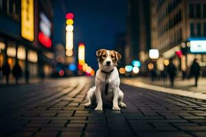 un' cane seduta su il strada a notte. ai-generato foto