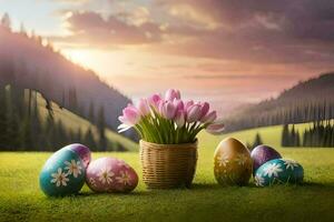 Pasqua uova nel un' cestino con tulipani nel il sfondo. ai-generato foto