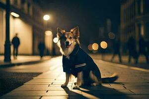 un' cane indossare un' giacca seduta su il strada a notte. ai-generato foto