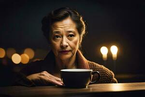 un più vecchio donna si siede a un' tavolo con un' tazza di caffè. ai-generato foto