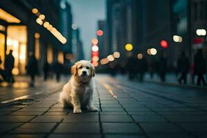 un' cane seduta su il strada nel un' città. ai-generato foto