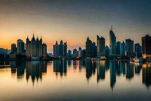 il città orizzonte a tramonto nel dubai. ai-generato foto