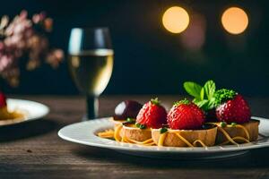 un' piatto con fragole e un' bicchiere di Champagne. ai-generato foto