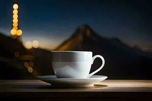 un' tazza di caffè su un' tavolo nel davanti di un' montagna. ai-generato foto