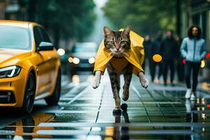 un' gatto nel un' giallo impermeabile a piedi su un' bagnato strada. ai-generato foto