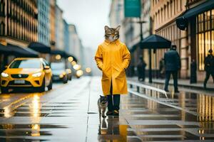 un' gatto nel un' giallo impermeabile a piedi su un' città strada. ai-generato foto