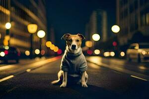 un' cane nel un' maglione seduta su il strada a notte. ai-generato foto