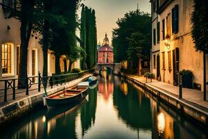 un' canale nel il mezzo di un' città con Barche. ai-generato foto