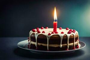 un' compleanno torta con un' singolo candela. ai-generato foto