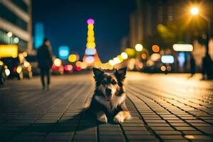 un' cane seduta su il strada a notte. ai-generato foto